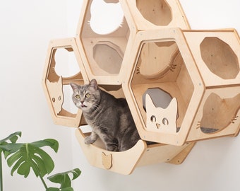 Cat Wall Hexagon, Cat Shelves, Cat Wall Furniture, Wood Shelves, Cat Lover Gift, Cat House, Cat Furniture, Cat Wall Bed, New Kitten Shelves