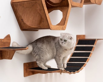 Katzenwandmöbel-Set, Katzenwandhaus, Katzensechskant-Regal, schwarze Katzenwandmöbel aus Holz, Katzenstufen für die Wand, Katzenwandbett von CatsMode