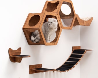 Conjunto hexagonal de gato blanco, estante para gatos, muebles modernos para gatos, muebles para gatitos para pared, estantes de pared para gatos, cama para gatos de pared, casa para gatos de madera, CatsMode
