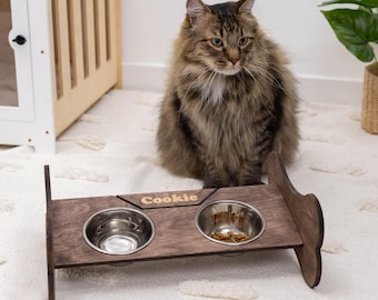Soporte moderno para comedero de mascotas con nombre, estación de alimentación de madera para perros y gatos, soporte elevado personalizado para cuencos.