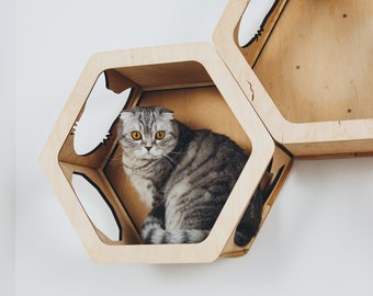 Cat Play Furniture, Cat Wall Hexagon Shelves Set, Cat Shelf, Wooden Cat Wall Furniture Set, Cat Bed, Pet Furniture,  Cat Furniture For Wall