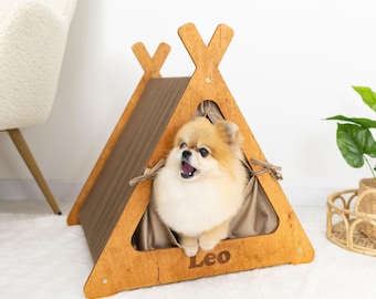 Personalisiertes Haustier-Tipi-Bett, Hundehaus mit Kissen, gemütliches Velour-Haustierzelt, weiche Welpenhöhle
