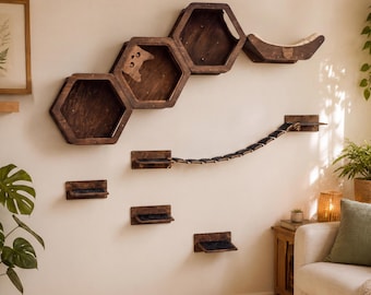 Kletterwand-Set aus Holz für Katzen, Wandspielplatz für Katzen, Katzenmöbel für Aktivitäten, sechseckige Regale, Katzenbett und Treppe für die Wand, natürlicher Katzenbaum