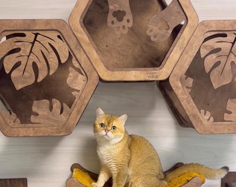 以下が含まれることがあります： 「cats MODE」と刻印されたモンステラの葉と猫の足跡の切り抜きがある3つの木製六角形エンクロージャーを備えた壁掛け式猫用家具セット。その下には、黄色い布地が張られた湾曲した木製ハンモックの上に座るゴールデンカラーの猫がいる。