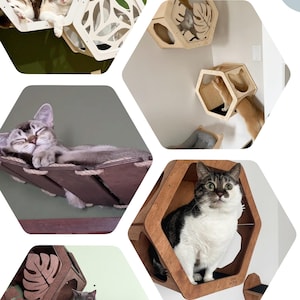 May include: A collage of cat furniture, including wall-mounted hexagonal cat houses and a hammock. Cats are shown lounging in and on the furniture. The text "TESTED BY TAILS & PAWS" and "Make your pet happy today" are also visible.