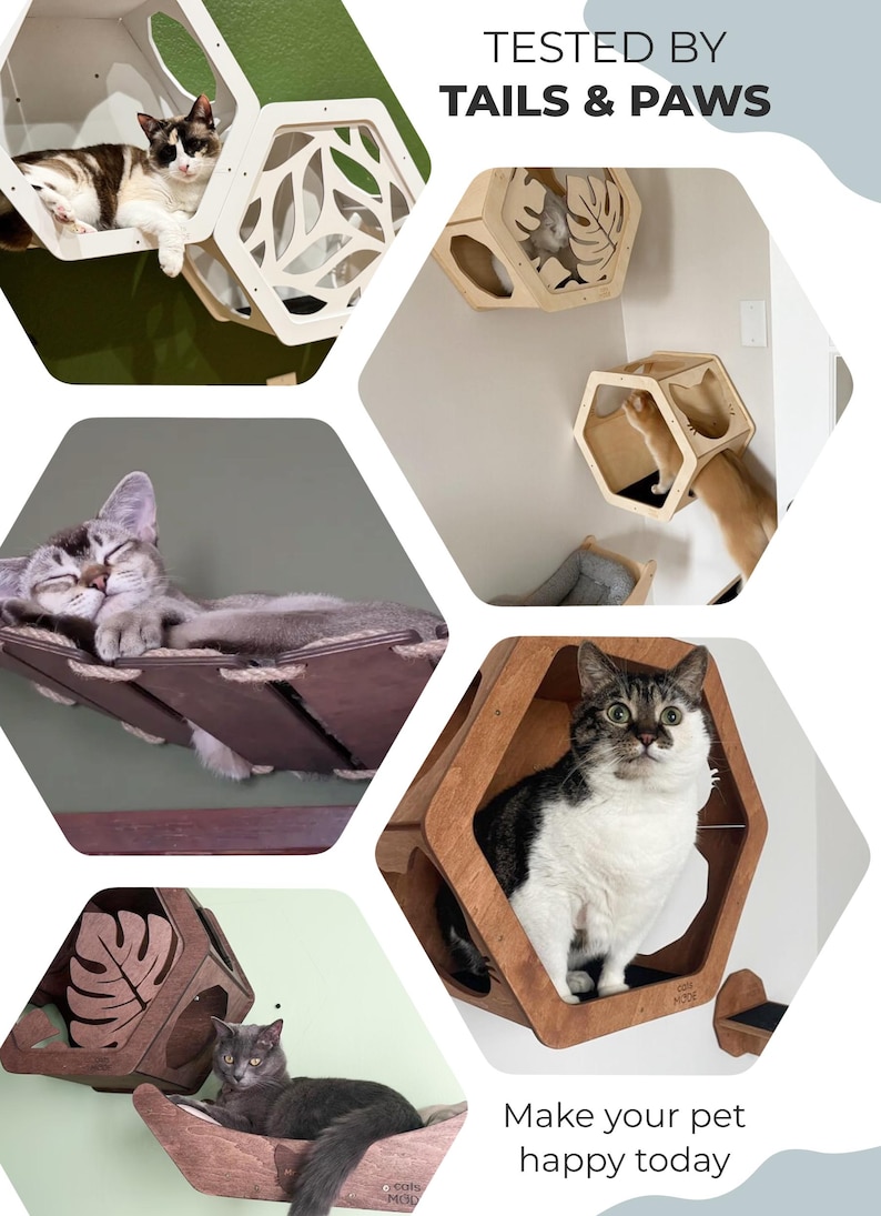 May include: A collage of cat furniture, including wall-mounted hexagonal cat houses and a hammock. Cats are shown lounging in and on the furniture. The text "TESTED BY TAILS & PAWS" and "Make your pet happy today" are also visible.