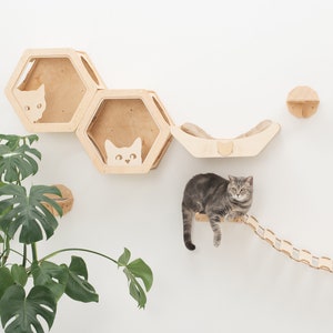 Modern cat furniture, Cat shelves perches for wall, Wooden cat bed wall mount, Cat hexagon shelf, Cat toys idea, Kitten Cat Owner Gift