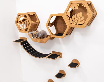Kletterwand-Set für Katzen, Wandmontierte Katzenmöbel, Schwebender Katzenspielplatz, Wanddekoration für Katzen, Natürlicher Katzenbaum