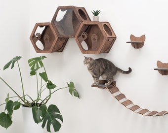 Cat Wall Furniture, Cat Wall Shelves, Cat House, Cat Lover Gift, Cat Hexagon, Cat Bed, Cat Gift, Housewarming Gift for Cat Owner, Wood Decor