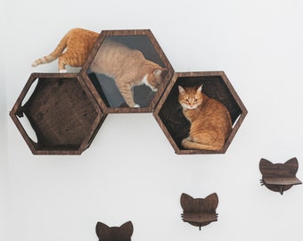 Cat wall shelf, Cat wall furniture, Cat house with acrylic window, Hexagon shelves cats, Cat tunnel, Cat wall steps, Cat acrylic hexagon