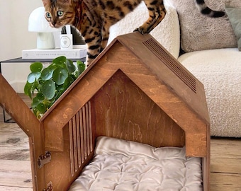 Moderner Hundekäfig, Hundehaus aus Holz, Hundehütte, Hundebett, Hundehaus, Haustiermöbel, Katzenkiste, Haustiergeschenk, Katzenhütte, Katzenhöhle