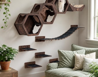 Modernes Katzenwandmöbel-Set, Kletterwand mit Regalen, Wandbett, Katzentreppe, Kratzbaum und Brücke
