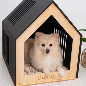May include: A small, fluffy, cream-colored dog rests inside a wooden dog house. The house is black with a natural wood frame and the name "Buddy" is engraved on the front. The dog house has a slatted roof and side panels.