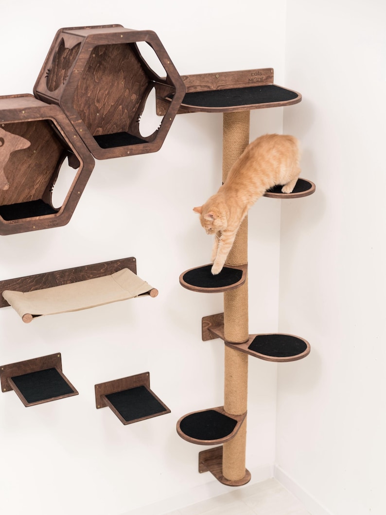 May include: A wall-mounted cat tree with a sisal-covered scratching post and multiple platforms. The platforms are covered in black fabric and the tree is made of wood. A cat is climbing the tree.