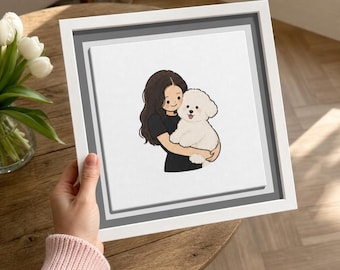 Custom Cartoon Pet & Owner Portrait, Personalized Dog Canvas, Framed Family Pet Illustration, Dog Mom Gift