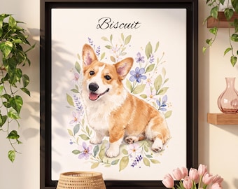 Watercolor Pet Portrait, Personalized Dog Portrait with Name, Cat Portrait from Photo, Floral Pet Memorial, Pet Lover Wall Art