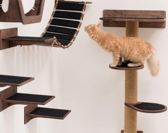 Modern Wall Cat Tree Furniture, Wall Mounted Cat Shelves, Indoor Cat Playground, Floating Cat Shelf, Hanging Cat Bridge, Wooden Cat Tower