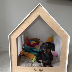 modern dog crate furniture, small dog house indoor, custom puppy crate, wooden dog house with door image 7