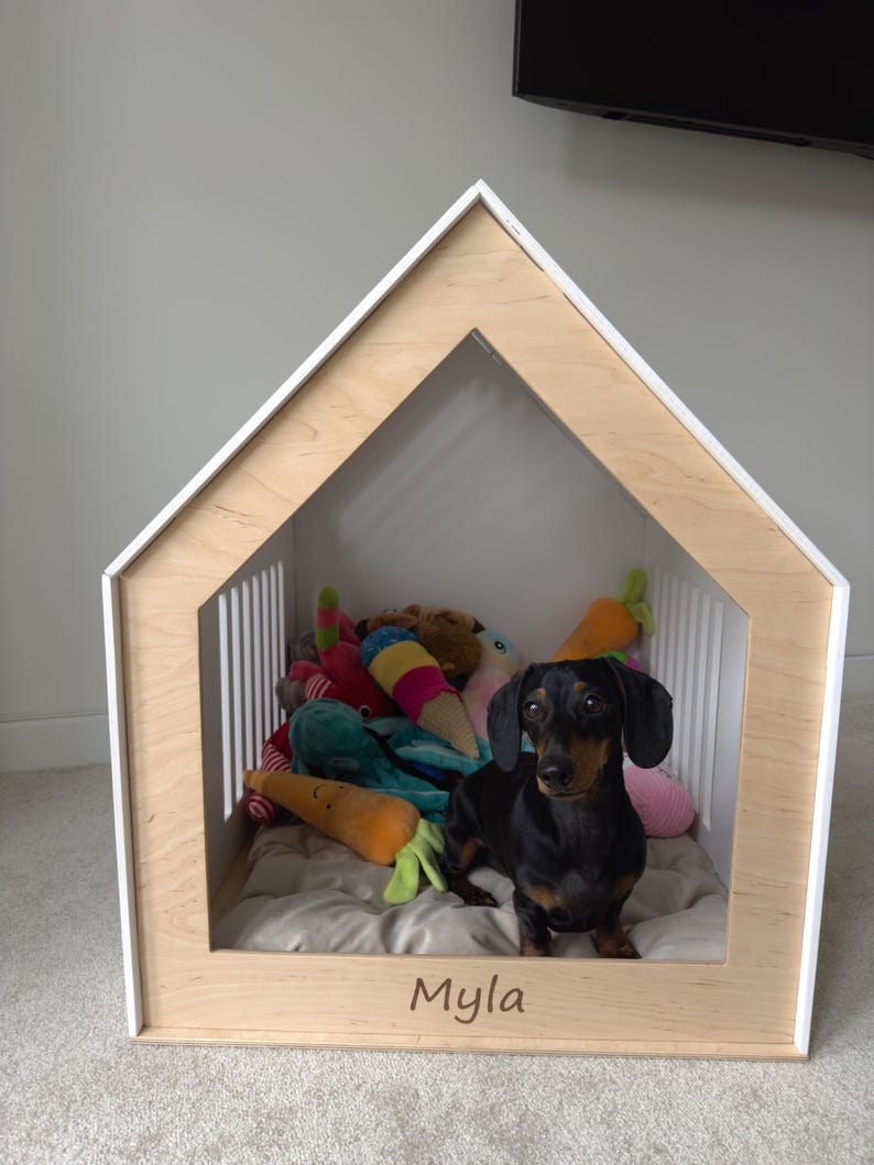 modern dog crate furniture, small dog house indoor, custom puppy crate, wooden dog house with door image 7
