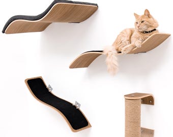 Wavy Cat Shelves Set, Furniture for Large Cat, Wood Cat Tree, Cat Bed with Pillow, Curved Cat Furniture Decor, Pet Steps, Cat Climbing Wall