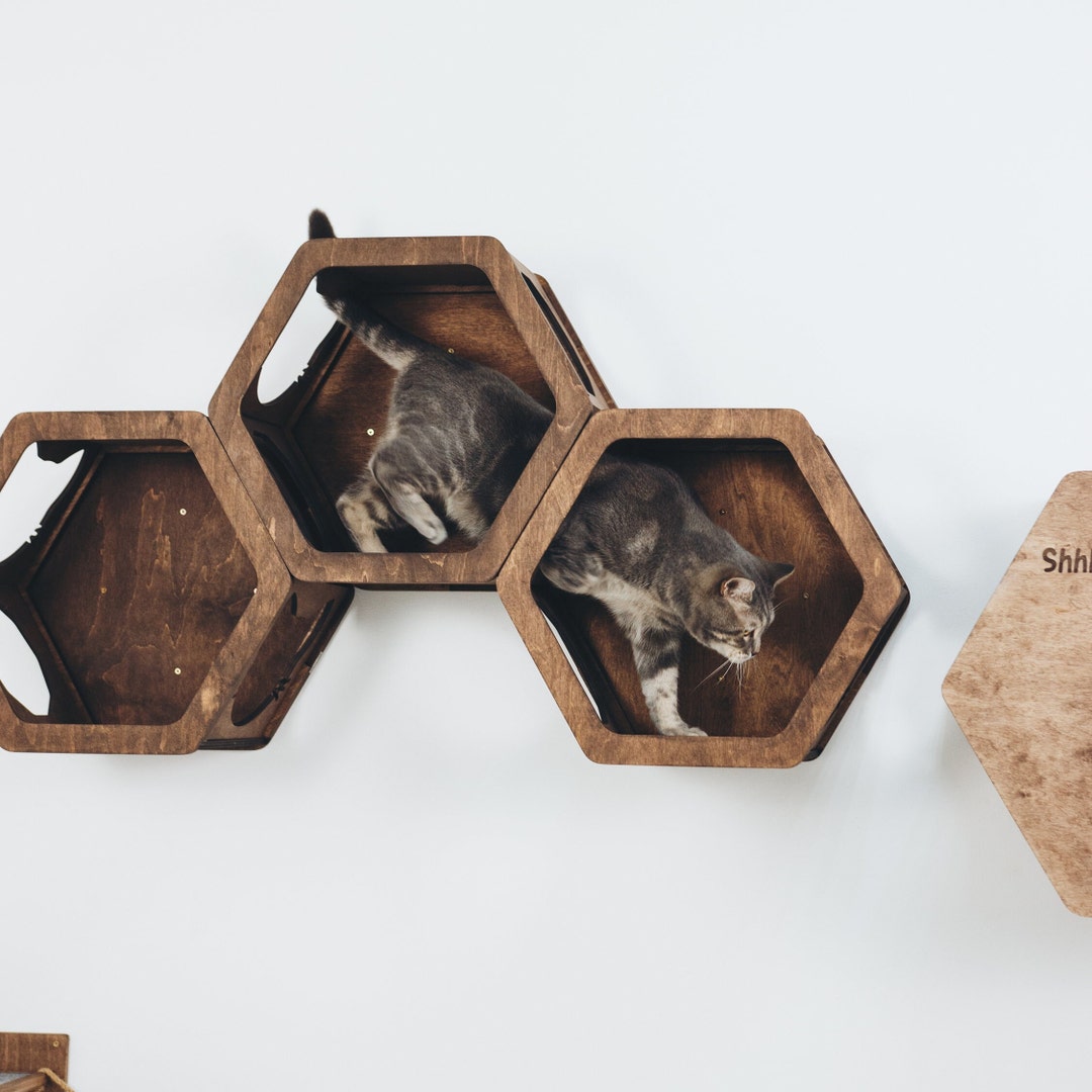 Cat Hexagon Shelves, Wood Wall Furniture for Cats, Wall Mount Shelf