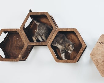 Cat Hexagon Shelves, Wood Wall Furniture for Cats, Wall Mount Shelf with Cat Steps, Cat Climbing Wall Bed, Pet and Cat Owner Gift, Catsmode
