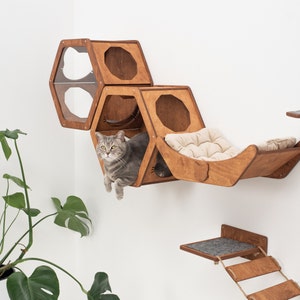 Wall shelves for cat, Cat shelves, Cat climbing wall shelf, Cat house wall, Cat shelves for wall, Modern cat furniture, Wood cat hexagon image 1