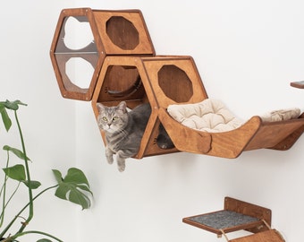 Wall shelves for cat, Cat shelves, Cat climbing wall shelf, Cat house wall, Cat shelves for wall, Modern cat furniture, Wood cat hexagon