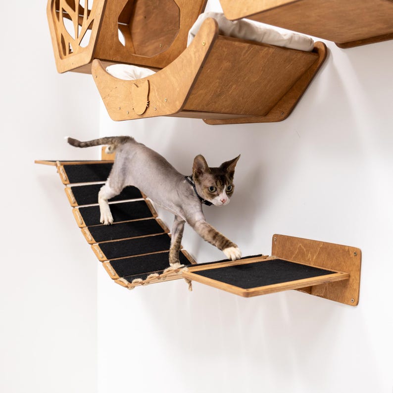 Wooden Cat Wall Bridge with Felt, Modern Cat Shelves, Cat Climbing Wall, Cat Steps & Bed, Play Furniture for Kitten, Cat Wall Furniture