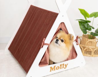 Maßgefertigte Hundemöbel, Hundehütte mit Kissen, personalisierte Welpenbox, Haustierbett mit Namen