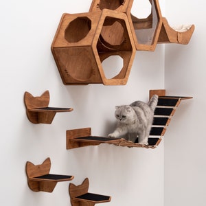 May include: A wooden cat furniture set with a honeycomb-shaped cat house, cat shelves, and a bridge. The cat house has clear panels and a soft bed. The cat shelves have a cat face design. A gray cat walks on the bridge.