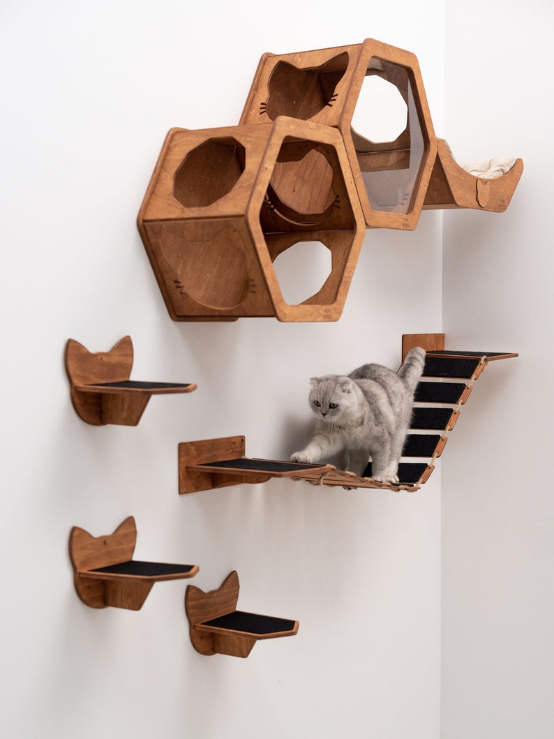May include: A wooden cat furniture set with a honeycomb-shaped cat house, cat shelves, and a bridge. The cat house has clear panels and a soft bed. The cat shelves have a cat face design. A gray cat walks on the bridge.