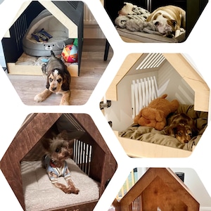 May include: A collage of dog houses in various styles and sizes, each with a dog inside. The houses are made of wood and have different designs, including a black and white house and a natural wood house. The text "TESTED BY TAILS & PAWS" and "Make your pet happy today" are visible.