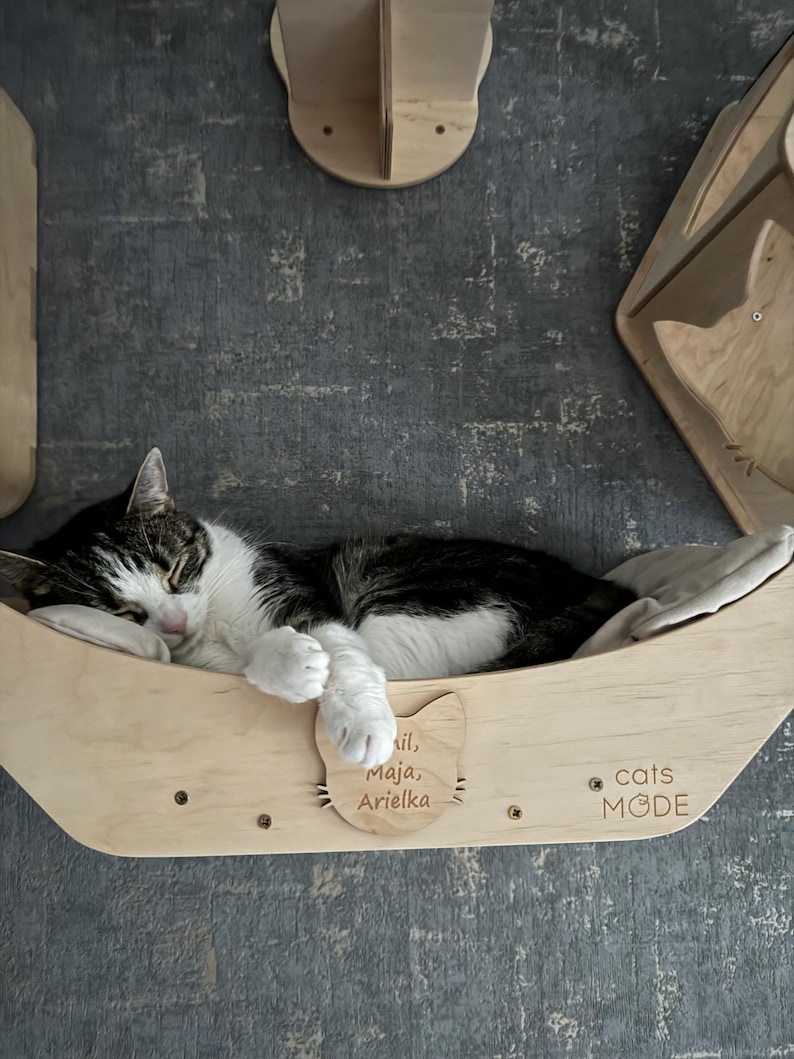 May include: A wooden cat bed with a cat sleeping inside. The bed has a cat-shaped cutout with the text "Lil, Maja, Ariellka" and the text "cats MODE" on the bottom.