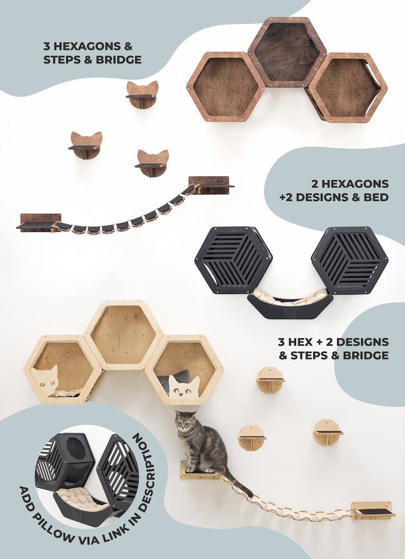 Wall shelves for cat, Cat shelves, Cat climbing wall shelf, Cat house wall, Cat shelves for wall, Modern cat furniture, Wood cat hexagon image 4