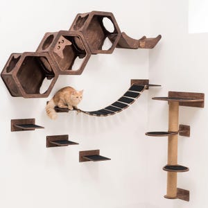 Katzenwandbaummöbel-Set, Holzkatzenregale, Katzenturm zum Kratzen, Kätzchenspielzeug, Katzenkletterbrücke, Haustierwandstufen, individuelles Katzenbett