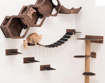 Árbol de pared para gatos, estantes de madera, torre para rascar, juguete para gatitos, puente para trepar, escalones de pared para mascotas y cama personalizada.