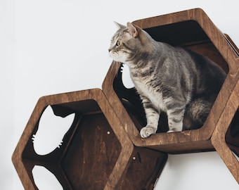 Cat Hexagon Shelves, Wood Wall Furniture for Cats, Wall Mount Shelf with Cat Steps, Cat Climbing Wall Bed, Pet and Cat Owner Gift, Catsmode