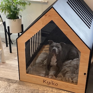 modern dog crate furniture, small dog house indoor, custom puppy crate, wooden dog house with door image 6