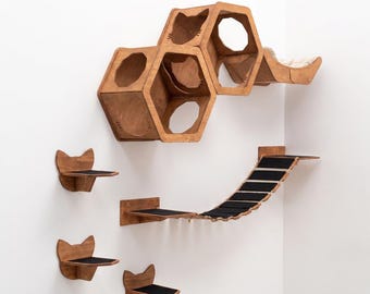 Katzenwandmöbel, Kletterspielplatz für Katzen, Katzenregale aus Holz, Regalset für Wohnungskatzen
