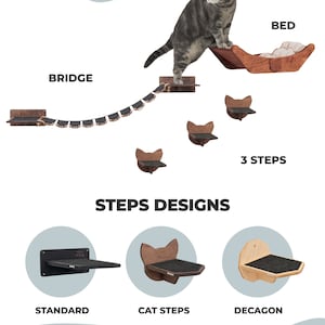 May include: A cat tree add-on set with a bridge, bed, and three steps. The steps are available in three designs: standard, cat steps, and decagon. The add-ons are made of wood and have a natural finish. The text "NOTICE: color of add-ons will be the same as hexagons. Pillows are not included. Add pillow to your order via link in description." is displayed at the bottom of the image.
