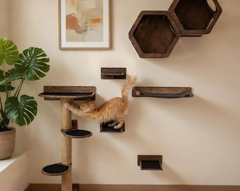 Juego de estantes y árbol para gatos de pared, muebles de madera para gatos, hamaca y escalones para gatos, rascador para gatos, pared de escalada para gatitos, decoración de pared para gatos