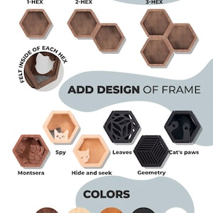 May include: An image showcasing customizable cat furniture. It features hexagonal shelves in various quantities and designs, including options with cat-themed cutouts and geometric patterns. Color options include dark walnut, light, oak, black, and white.
