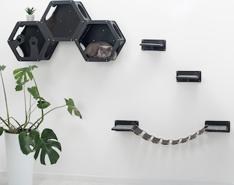 Muebles de pared de madera para gatos, juego de juegos de pared para gatos, estantes modernos para gatos, cama para gatos de pared, hexágono para gatos, pared para trepar gatos, caseta de pared para gatos