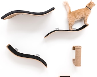 Curved Cat Wall Playground, Pet Furniture, Cat Shelves Set for Climbing, Handmade Wooden Cat Tree, Indoor Cat Wall Bridge, Cat Wall System