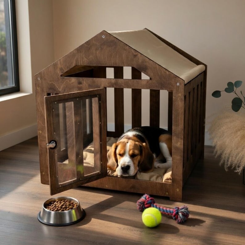Natural Dog Crate with Door, Indoor Home Pet Furniture, Custom Wooden Puppy House, Small & Large Dog Kennel,