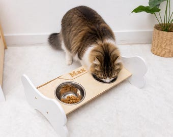 Double Cat Bowl Stand, Raised Feeder with 2 Stainless Bowls, Personalized Cat Feeder, Farmhouse Elevated Dog Feeding Station