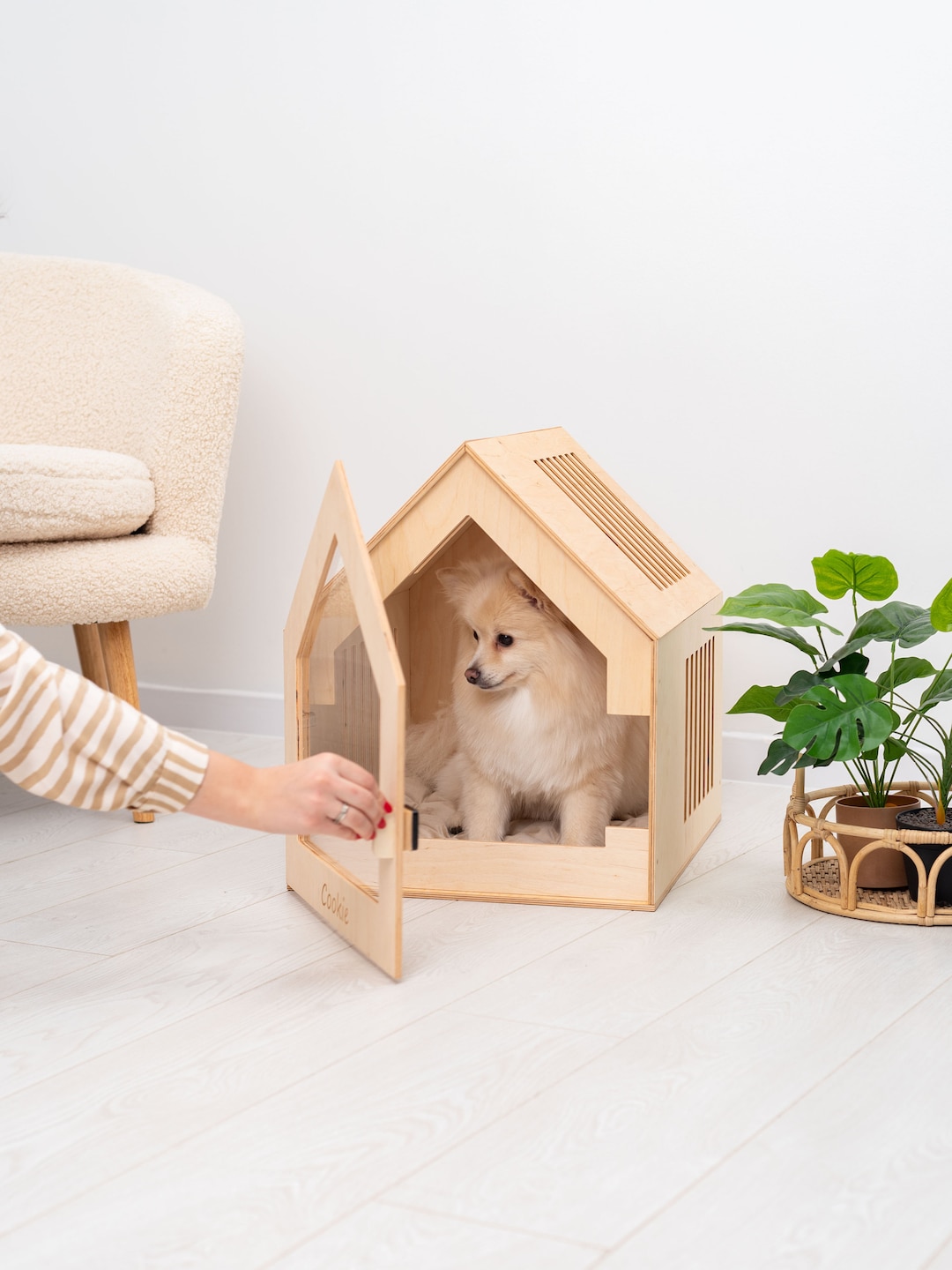アクリルドア付きモダン犬小屋、犬用クレート家具、モダン犬小屋、屋内