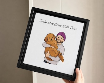 Cartoon Pet Portrait, Custom Dog & Cat Canvas, Pet Owner Illustration, Framed Pet Wall Art, Unique Gift for Pet Lovers