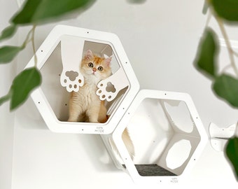 White Cat Hexagon Set, Modern Cat Furniture, Wall Cat Bed, Kitten Furniture for Wall, Cat Wall Shelves, Wood Cat House, Cat Playground Set
